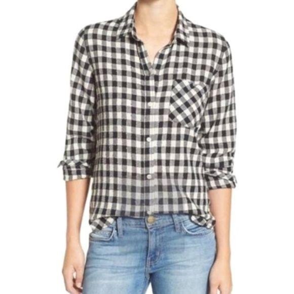 Current/Elliott Women’s Black and White Buffalo Check Button Down Shirt Size S - Picture 2 of 7